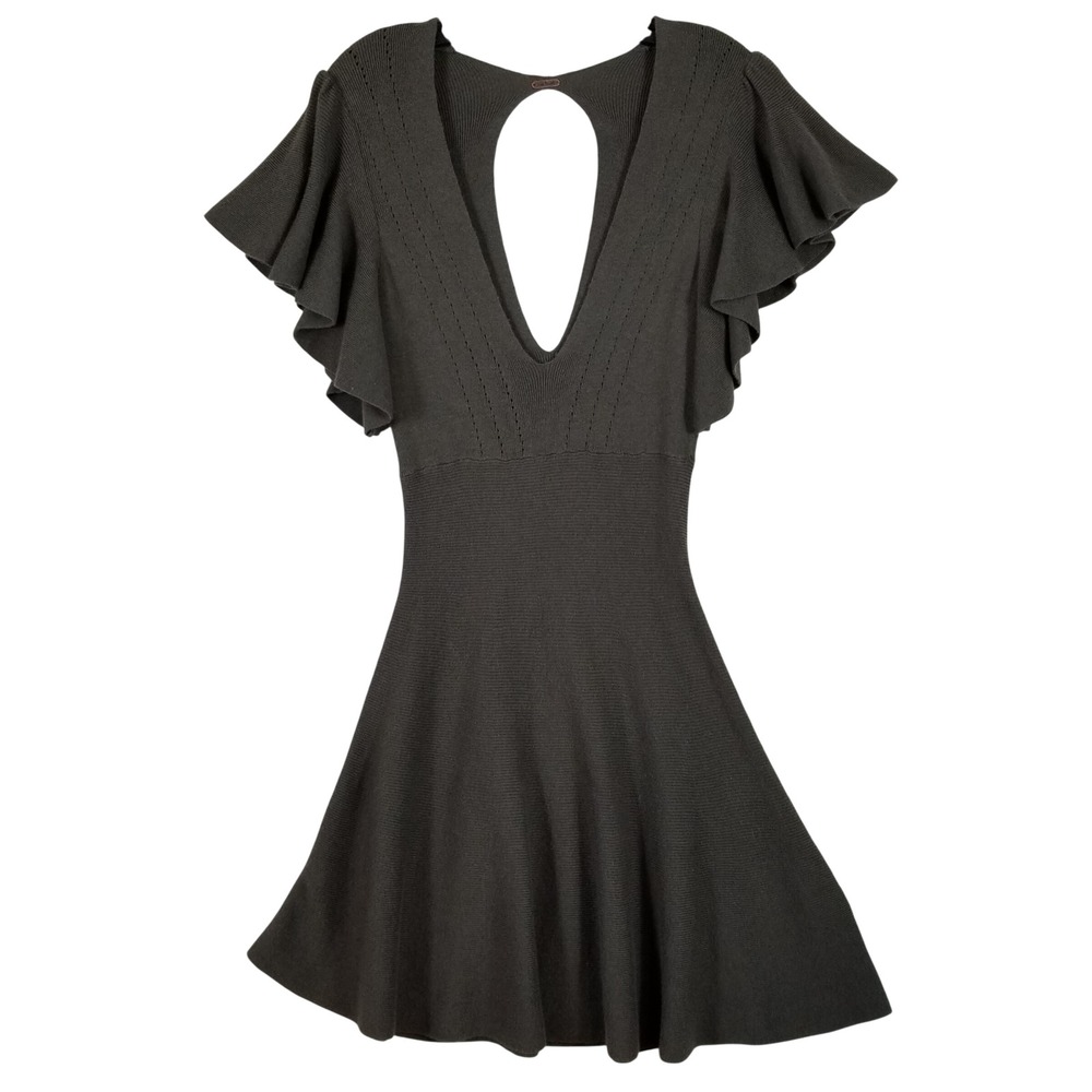Free People Olive Green Ribbed V-Neck Keyhole Back Flutter Sleeve Mini Dress S‎